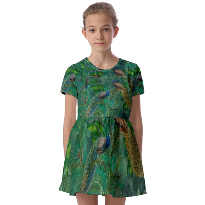 Peacock Paradise Jungle Kids  Short Sleeve Pinafore Style Dress