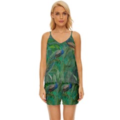 Peacock Paradise Jungle V-Neck Satin Pajamas Set