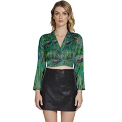 Peacock Paradise Jungle Long Sleeve Tie Back Satin Wrap Top by Bedest