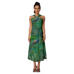 Peacock Paradise Jungle Sleeveless Cross Front Cocktail Midi Chiffon Dress