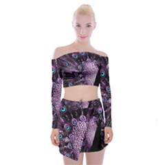 Purple Peacock Off Shoulder Top With Mini Skirt Set