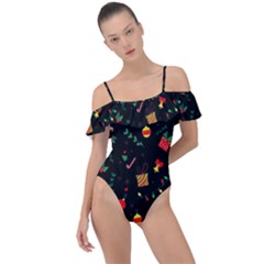 Christmas Pattern Texture Colorful Wallpaper Frill Detail One Piece Swimsuit