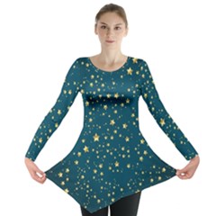 Star Golden Pattern Christmas Design White Gold Long Sleeve Tunic  by Ravend