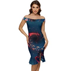 Fluid Swirl Spiral Twist Liquid Abstract Pattern Off Shoulder Ruffle Split Hem Bodycon Dress