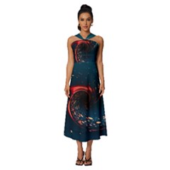 Fluid Swirl Spiral Twist Liquid Abstract Pattern Sleeveless Cross Front Cocktail Midi Chiffon Dress by Ravend