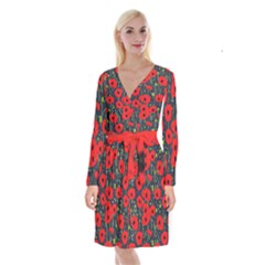 Background Poppies Flowers Seamless Ornamental Long Sleeve Velvet Front Wrap Dress