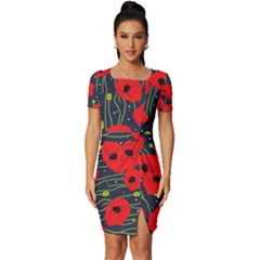 Background Poppies Flowers Seamless Ornamental Fitted Knot Split End Bodycon Dress