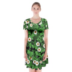 Daisies Clovers Lawn Digital Drawing Background Short Sleeve V-neck Flare Dress