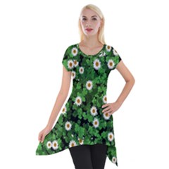 Daisies Clovers Lawn Digital Drawing Background Short Sleeve Side Drop Tunic