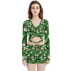 Daisies Clovers Lawn Digital Drawing Background Velvet Wrap Crop Top And Shorts Set