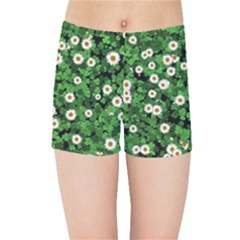 Daisies Clovers Lawn Digital Drawing Background Kids  Sports Shorts by Ravend