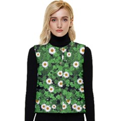 Daisies Clovers Lawn Digital Drawing Background Women s Button Up Puffer Vest by Ravend