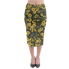 Sunflowers Yellow Flowers Flowers Digital Drawing Midi Pencil Skirt