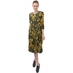 Sunflowers Yellow Flowers Flowers Digital Drawing Ruffle End Midi Chiffon Dress