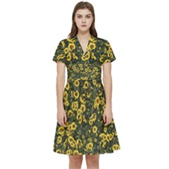 Sunflowers Yellow Flowers Flowers Digital Drawing Short Sleeve Waist Detail Dress