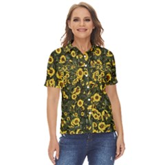 Sunflowers Yellow Flowers Flowers Digital Drawing Women s Short Sleeve Double Pocket Shirt