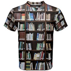 Book Collection In Brown Wooden Bookcases Books Bookshelf Library Men s Cotton T-shirt by Ravend