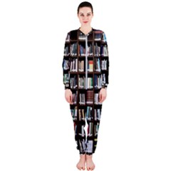 Book Collection In Brown Wooden Bookcases Books Bookshelf Library Onepiece Jumpsuit (ladies) by Ravend
