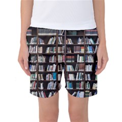 Book Collection In Brown Wooden Bookcases Books Bookshelf Library Women s Basketball Shorts by Ravend