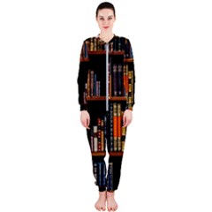 Assorted Title Of Books Piled In The Shelves Assorted Book Lot Inside The Wooden Shelf Onepiece Jumpsuit (ladies) by Ravend