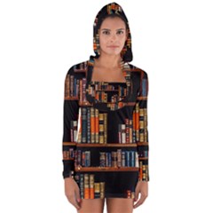 Assorted Title Of Books Piled In The Shelves Assorted Book Lot Inside The Wooden Shelf Long Sleeve Hooded T-shirt