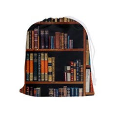 Assorted Title Of Books Piled In The Shelves Assorted Book Lot Inside The Wooden Shelf Drawstring Pouch (xl) by Ravend