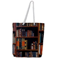 Assorted Title Of Books Piled In The Shelves Assorted Book Lot Inside The Wooden Shelf Full Print Rope Handle Tote (large) by Ravend