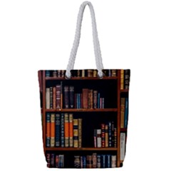 Assorted Title Of Books Piled In The Shelves Assorted Book Lot Inside The Wooden Shelf Full Print Rope Handle Tote (small) by Ravend