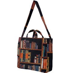 Assorted Title Of Books Piled In The Shelves Assorted Book Lot Inside The Wooden Shelf Square Shoulder Tote Bag