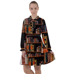 Assorted Title Of Books Piled In The Shelves Assorted Book Lot Inside The Wooden Shelf All Frills Chiffon Dress by Ravend