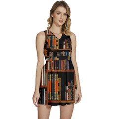 Assorted Title Of Books Piled In The Shelves Assorted Book Lot Inside The Wooden Shelf Sleeveless High Waist Mini Dress by Ravend