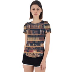 Books On Bookshelf Assorted Color Book Lot In Bookcase Library Back Cut Out Sport T-shirt by Ravend