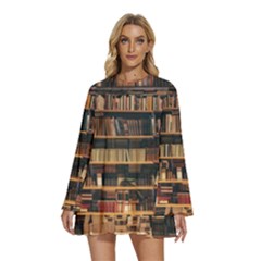 Books On Bookshelf Assorted Color Book Lot In Bookcase Library Round Neck Long Sleeve Bohemian Style Chiffon Mini Dress by Ravend