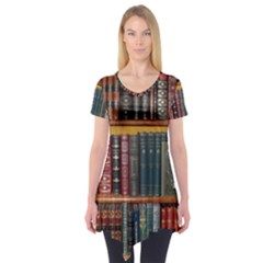 Books-library-bookshelf-bookshop Short Sleeve Tunic  by Ravend