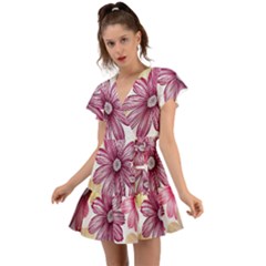 Print-roses Flutter Sleeve Wrap Dress by nateshop