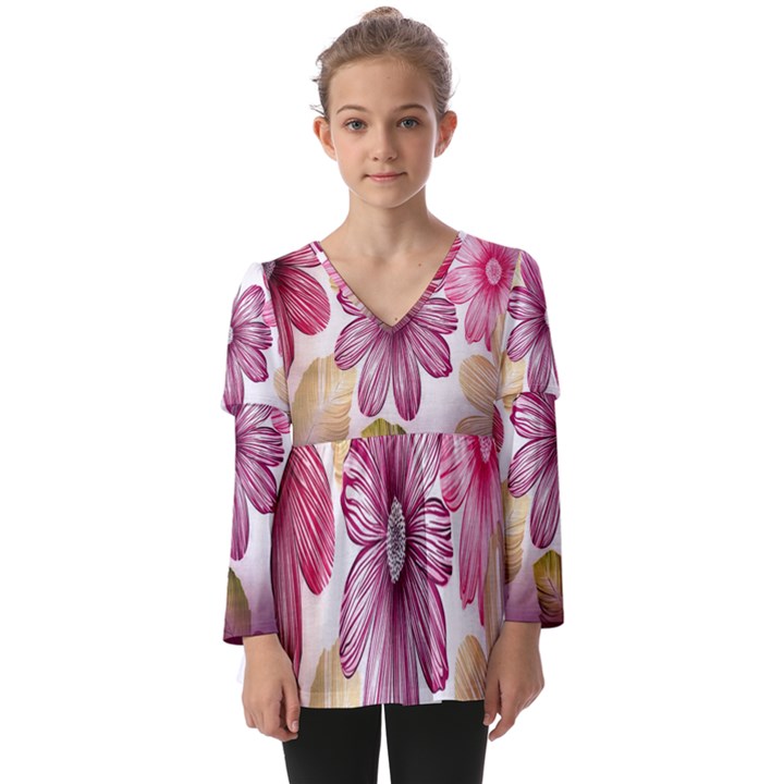 Print-roses Kids  V Neck Casual Top