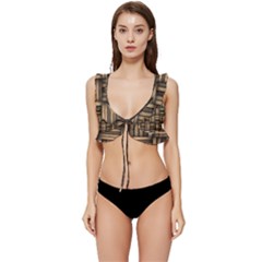 Brown Weaving Texture, Macro, Brown Wickerwork Low Cut Ruffle Edge Bikini Top