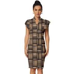 Brown Weaving Texture, Macro, Brown Wickerwork Vintage Frill Sleeve V-neck Bodycon Dress by nateshop