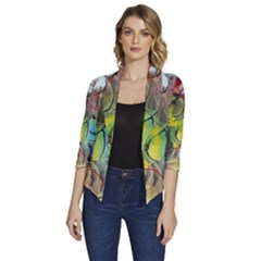 Detail Of A Bright Abstract Painted Art Background Texture Colors Women s Draped Front 3/4 Sleeve Shawl Collar Jacket