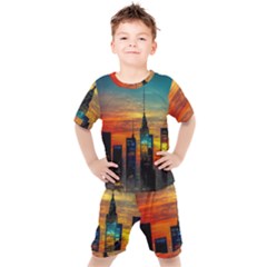 New York City Skyline Usa Kids  T-shirt And Shorts Set by Ndabl3x