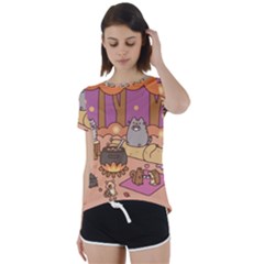 Pusheen Cute Fall The Cat Short Sleeve Open Back T-shirt by Ndabl3x
