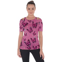 Pink Glitter Butterfly Shoulder Cut Out Short Sleeve Top by Ndabl3x