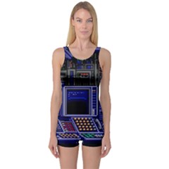 Blue Computer Monitor With Chair Game Digital Art One Piece Boyleg Swimsuit by Bedest