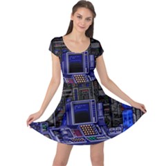 Blue Computer Monitor With Chair Game Digital Art Cap Sleeve Dress by Bedest