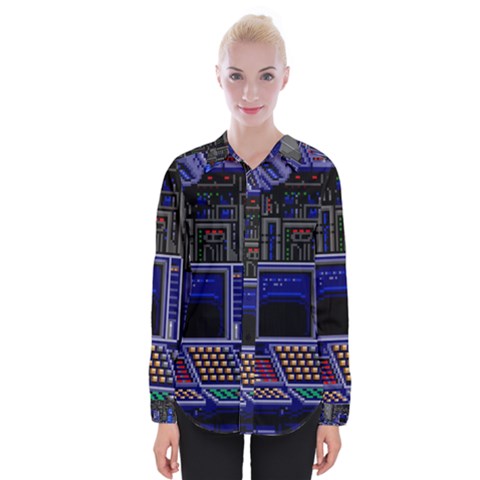 Blue Computer Monitor With Chair Game Digital Art Womens Long Sleeve Shirt by Bedest