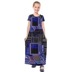 Blue Computer Monitor With Chair Game Digital Art Kids  Short Sleeve Maxi Dress by Bedest