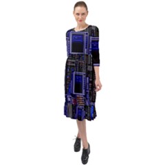 Blue Computer Monitor With Chair Game Digital Art Ruffle End Midi Chiffon Dress by Bedest