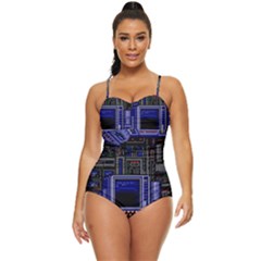 Blue Computer Monitor With Chair Game Digital Art Retro Full Coverage Swimsuit by Bedest