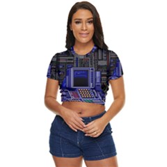 Blue Computer Monitor With Chair Game Digital Art Side Button Cropped T-shirt by Bedest