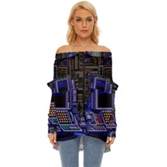 Blue Computer Monitor With Chair Game Digital Art Off Shoulder Chiffon Pocket Shirt by Bedest